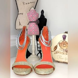 Via Spiga Gold Sparkly Open Toe High Heels with Rope Ankle Straps NWOB